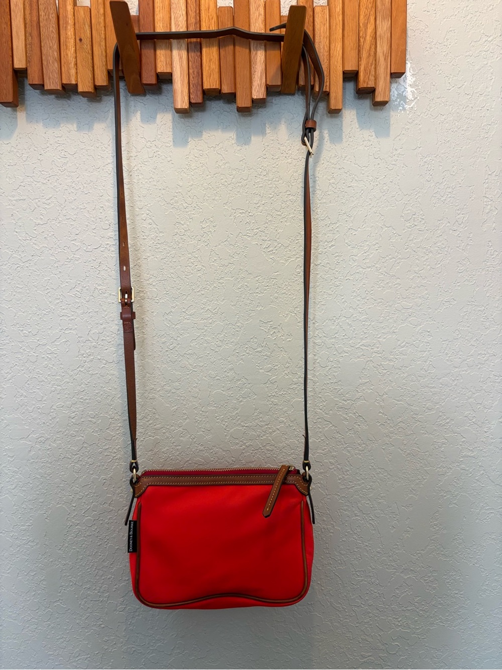 Dooney & Bourke Nylon Red Crossbody with Brown Leather Trim Adjustable Straps - Picture 2 of 15